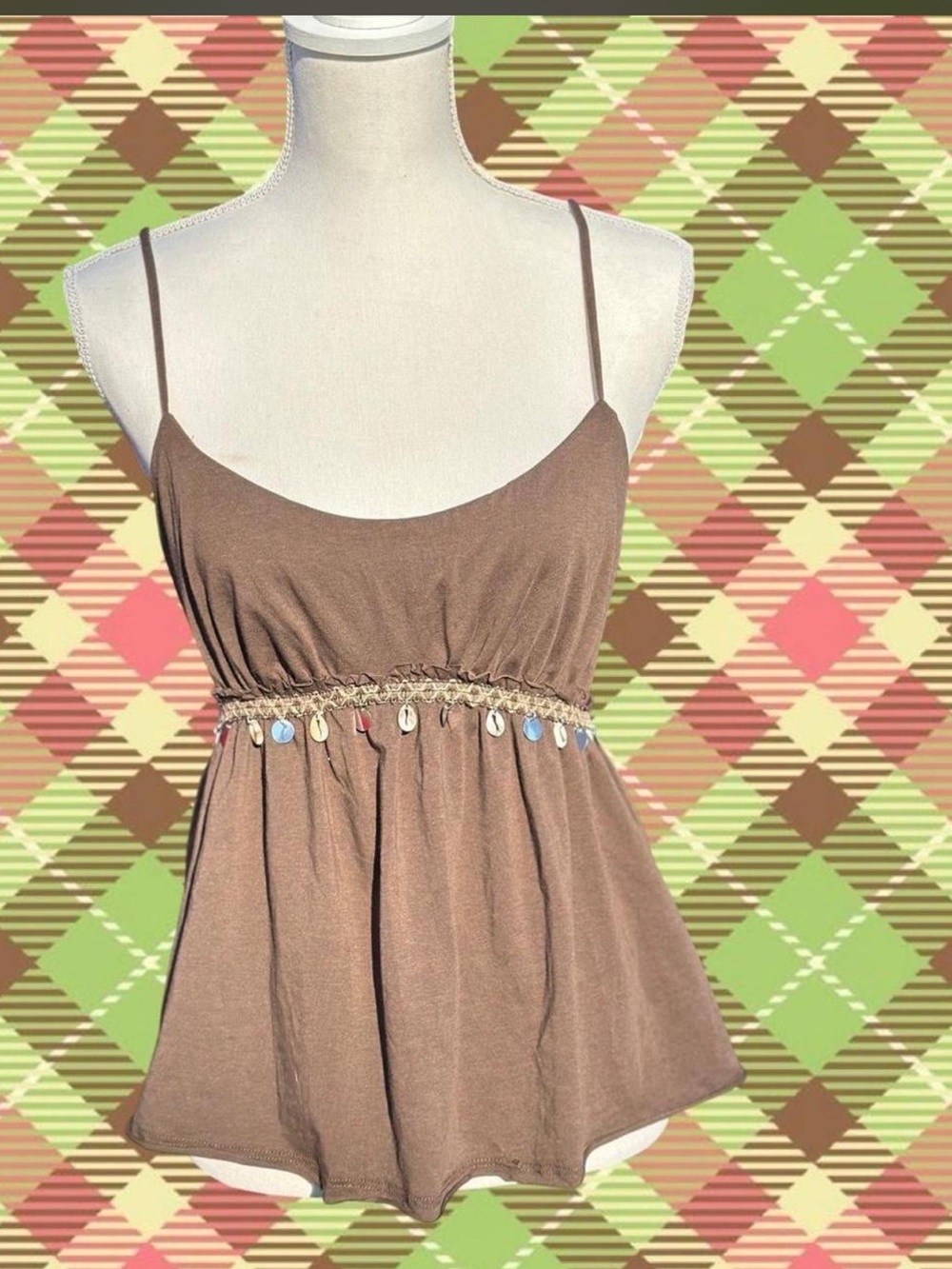 Brown Spaghetti Strap Peplum Tank Top with Shell Detail